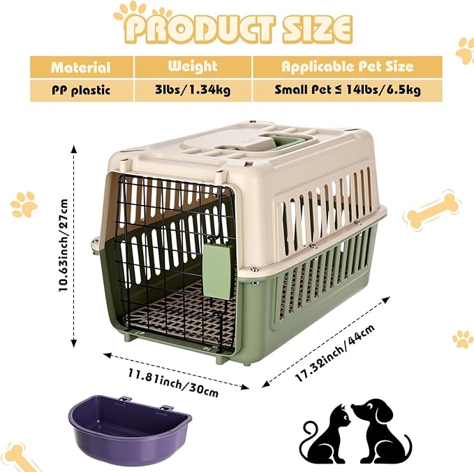 2 Set Hard Plastic Pet Carrier Breathable Dog Cat Kennel with Metal Door Bowl Grille Mat Pet up to 14 Lbs Carrier for Walking Camping Vet Visits Travel, 17.3"L x 11.8"W x 10.6"H(Green White)