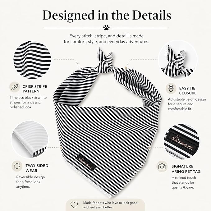 ARING PET Stripe Dog Bandanas, Cute Black White Pet Bandana Scarf Triangle Bib for Small Medium Large Boy Girl Dogs Cats, Puppy Kerchief for Daily Wear Walks Party Photos-S