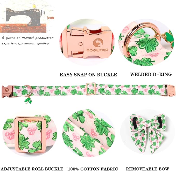 DOGWONG St. Patrick's Day Shamrock Dog Collar with Sailor Bow,Pink Green Four Leaf Clover Pattern Dog Collar, Adjustable Durable Soft Collars Irish Gift for Girl Female Dogs,L