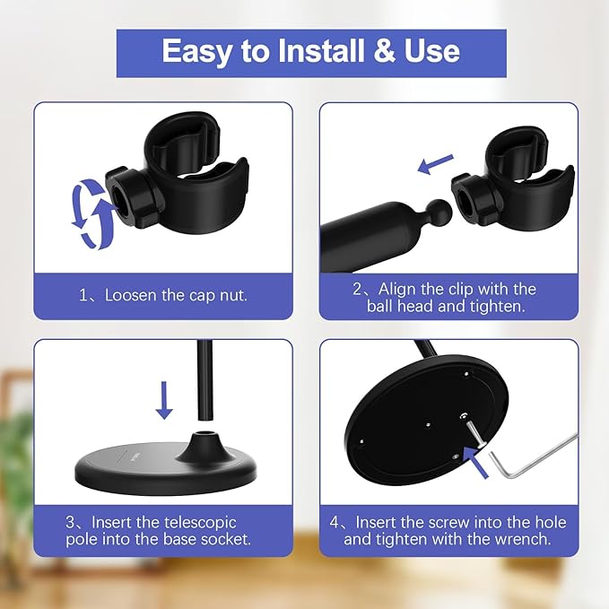 Hair Dryer Stand Hands Free With Anti-Slip Stable Base, Aluminum Alloy ,Adjustable Height 17 - 51 Inch,Blow Dryers Hairdryer Holder for Families & Pet Grooming & Salon Use Hair Dryer Holder（Black）
