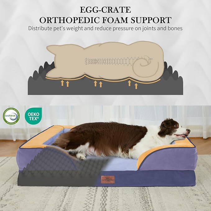Comfort Expression Orthopedic Dog Bed for Extra Large Dogs 42x30 Inch, Waterproof Egg Crate Foam XL Pet Bed with Bolsters, Dog Couch with Washable Cover & Non-Slip Bottom, Twilight Wave