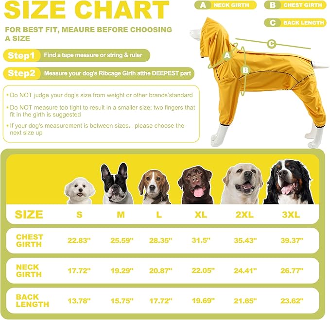 Dog Raincoat, Waterproof Dog Rain Jacket with Removable Hood，Adjustable 4 Legs Pet Poncho with Leash Hole，Reflective Stripe Hooded Snowproof Windproof Clothes for Small to 3X-Large Dogs, L