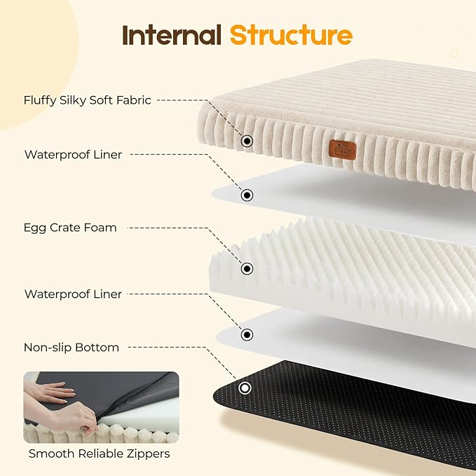 Orthopedic Dog Bed for Extra Large Dog, Waterproof Pet Bed for Crate,Non-Slip Bottom and Egg-Crate Foam with Removable Washable Cover Crate Bed,Cream,41"x27"x4"