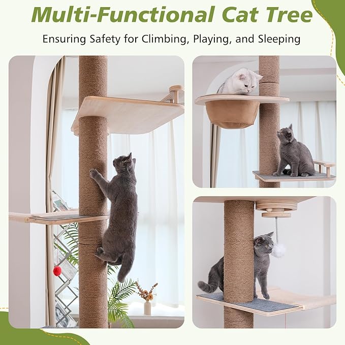 Cat Tree Floor to Ceiling, Adjustable Height 82-120 in, 6-Level Cat Tower with Hammock & Perch, Scratching Post, Stable & Solid Structure and Neutral Color Fit Home Decor