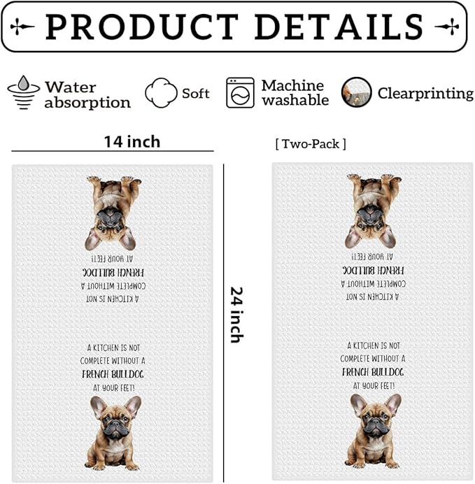 2Pcs French Bulldog Kitchen Towels 24x14 Inch, French Bulldog Gifts for Woman Mom, Reusable Waffle Weave Microfiber Absorbent Hand Tea Dish Towels for Kitchen Bathroom Decor, Dog Lovers Gifts