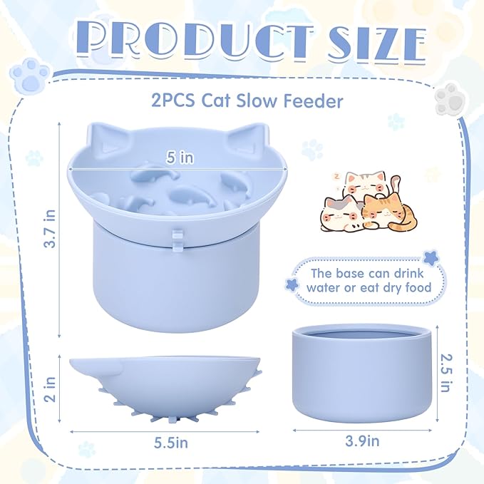Funnymoom 2 Pack Silicone Cat Slow Feeder, Elevated Slow Feeder Cat Bowl for Dry and Wet Food, Tilted Design with Non Slip Base, Adjustable Angle for Pet(Gray and Blue)