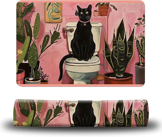 Dog Food Mat, 15.7" x 23.6" Absorbent Pet Feeding Mat for Food and Water, Waterproof Diatom Mud Pet Placemat with Non-Slip Rubber Backing, Easy Clean Cat Bowl Mat for Floors - Toilet Black Cat
