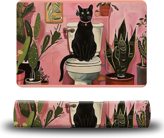 Dog Food Mat, 19.6" x 23.6" Absorbent Pet Feeding Mat for Food and Water, Waterproof Diatom Mud Pet Placemat with Non-Slip Rubber Backing, Easy Clean Cat Bowl Mat for Floors - Toilet Black Cat