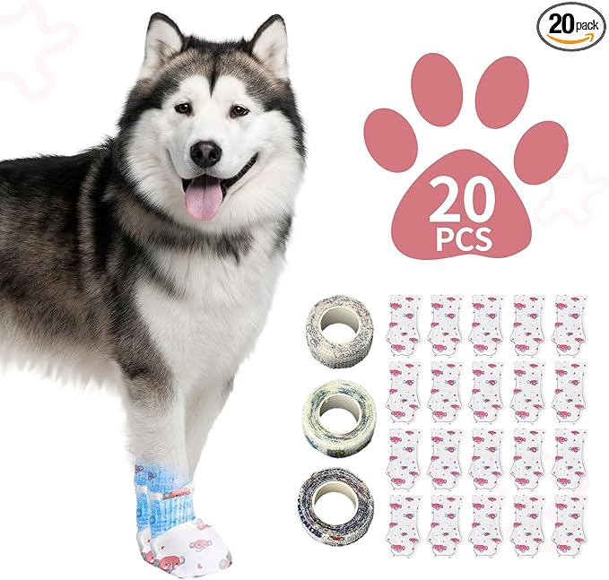 Disposable Dog Booties for Dog Cats,Pet Booties Waterproof and Breathable with Adjustable Bandage,Unstoppable Paw Protectors for Dogs Cats, 20 Counts(L)