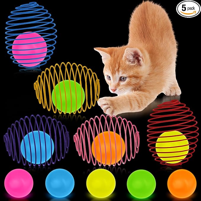 Jecery 5 Pcs Cat Spring Balls Toys Stretchable Rolling Balls Colorful Playful Coils Interactive Action Toy Caged Rats for Kitten Pet Supplies (Glow Ball,Multicolor)
