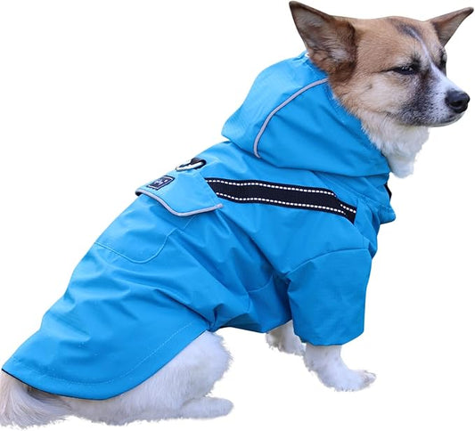 JoyDaog Premium Dog Raincoat with Hood for Medium Dogs,Outdoor Sports Waterproof Dog Rain Jacket,Puppy Raincoat with Pockets,Blue M