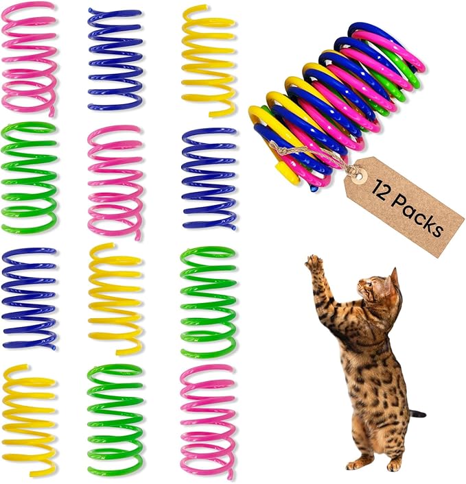 Cat Spring Toys, 12 Pack Cat Spiral Springs for Indoor Cats, Colorful & Durable Plastic Spring Coils Attract to Swat, Bite, Hunt, Interactive Toys for Kittens