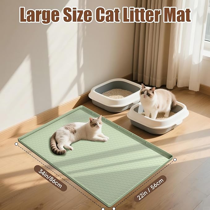 Cat Litter Mat, 34" X 22" Large Silicone Mat Cat Litter Trapping Mat, Waterproof Litter Box Mat, Soft on Kitty Paws, Urine-Proof, Easy to Clean, Non-Slip Kitty Litter Mat for Floor(Green)