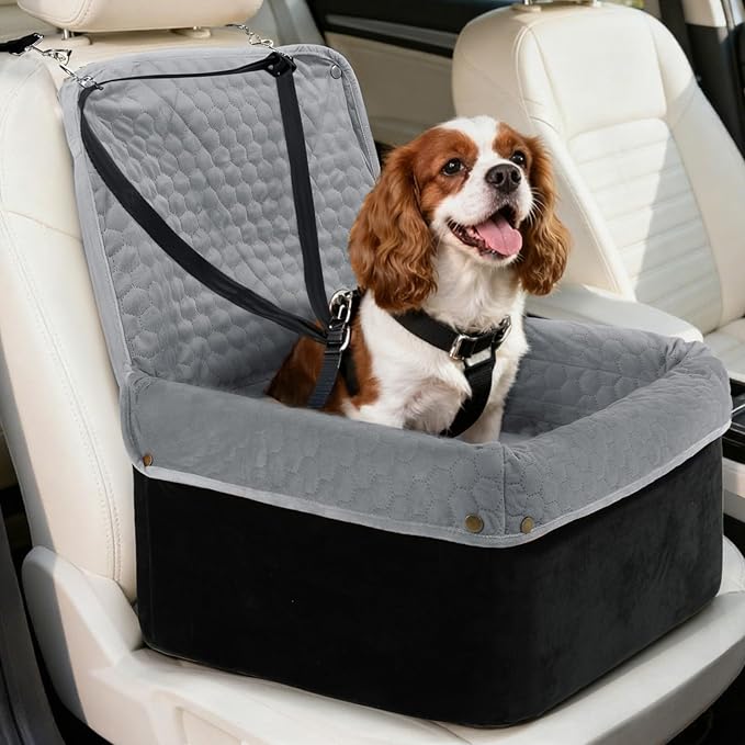 Dog Car Seat for Small Medium Dogs, Travel Pet Car Bed with Removable Waterproof Cover, Memory Foam Dog Booster Seats Up to 35 lbs, Safety Belt and Storage Pocket(Gray)