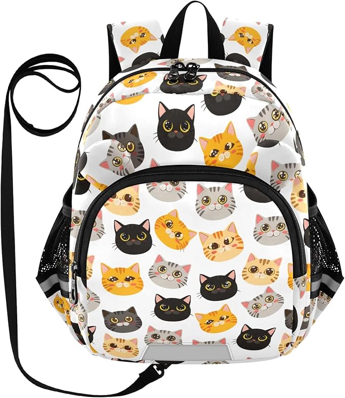 Cartoon Cats Toddler Backpack with Leash, Cute Preschool Backpack Baby Harness Bookbag