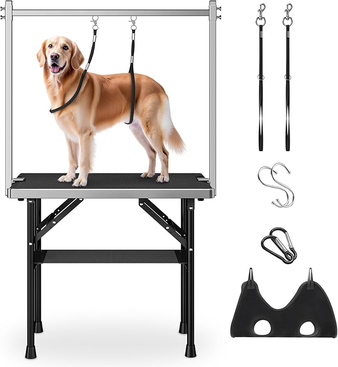 niffgaff Dog Grooming Table with Arm, Hammock & Nooses, 30" H Foldable Heavy Duty Pet Grooming Station, 35.5" L×23.6" W Non-Slip Waterproof Tabletop, 33.5" Height Adjustable Stainless H-Frame Arm