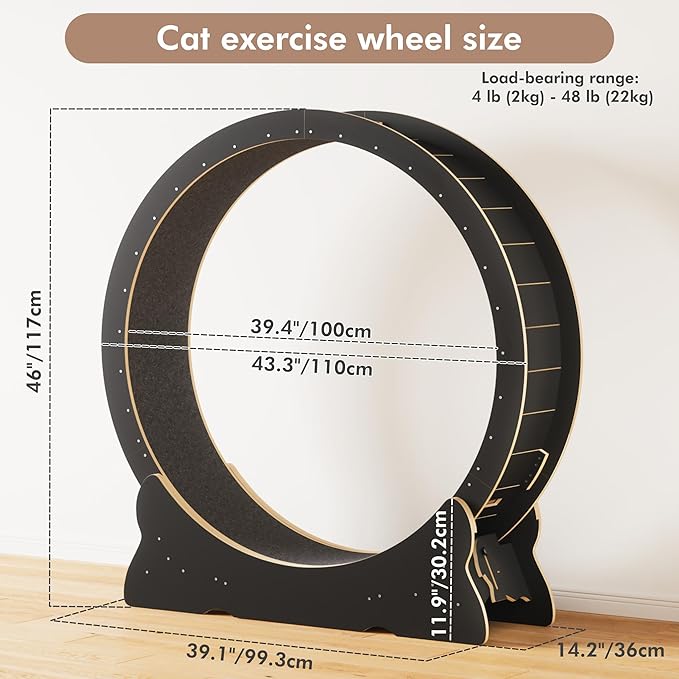 Mondeer Cat Exercise Wheel, 46'' Cat Wheel for Indoor Cats with Carpeted Runway, XL Treadmill with Removable Carpet and Teaser, for Running Walking Training (Black)