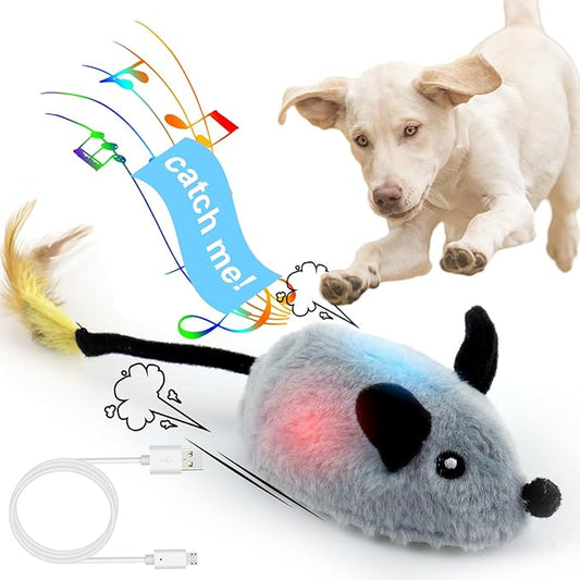 BABORUI Interactive Dog Toys Mouse, Escaping Mice Squeaky Dog Toy with Lights & Auto-Turn, Rechargeable Moving Dog Toys for Small/Medium/Large Dogs & Cats(Grey)