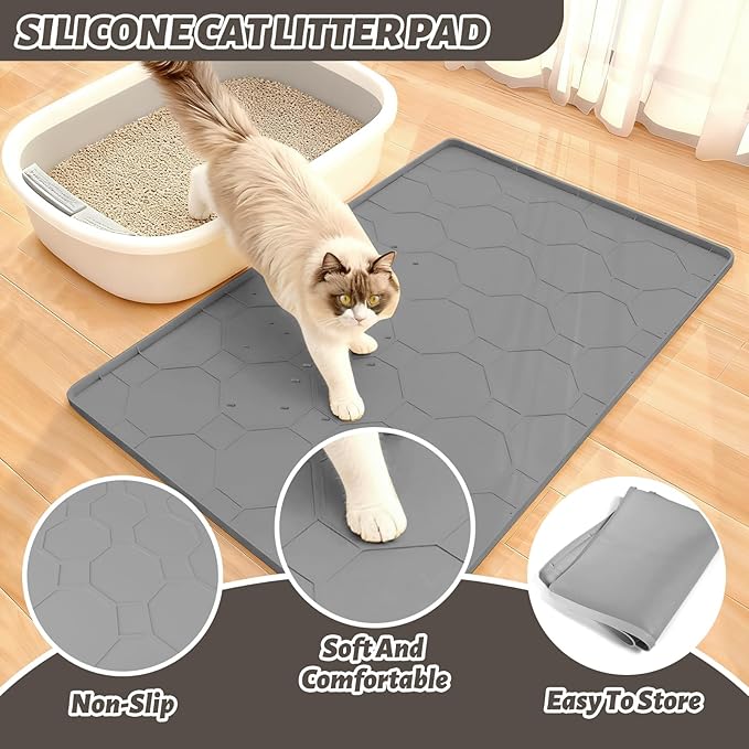 Extra Large Cat Litter Mat, Waterproof Silicone Cat Litter Box Mat, Non-Slip Kitty Litter Trapping Mat for Cat Litter Box, Urine Proof Pet Feeding Mat for Floors, Easy Clean, 38 x 26 Inch