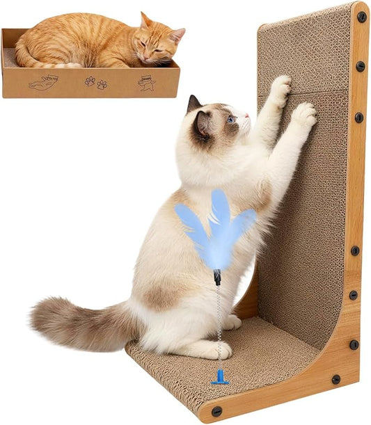 Goosheep 22in L-Shaped Cat Scratcher 2-in1 Scratching Board for Indoor Cats Protecting Furniture Cardboard Box Scratch Pad, Scratching Posts with Feathered Toy