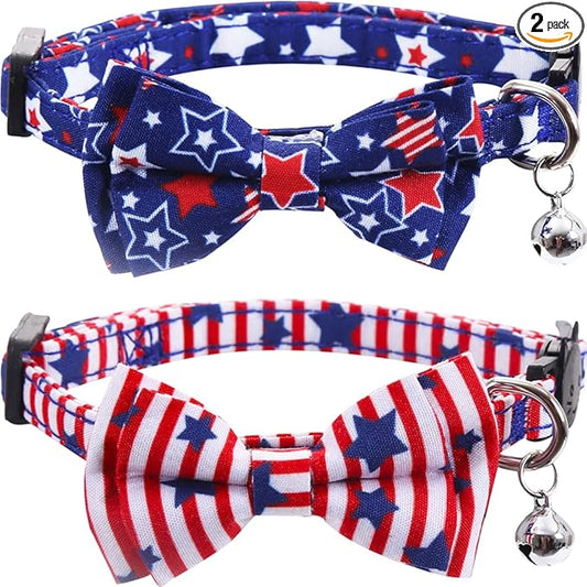 2 Pack American Flag Cat Collar with Bell Bow Tie Star Breakaway Adjustable for 4th of July Independence Day