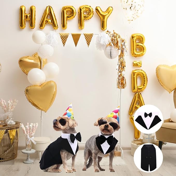 QBLEEV Dog Tuxedo Suit with Bow Tie, Formal Dog Tux Costume and Bandana Set for Wedding Outfit Birthday Party Cosplay Photo Shoot, Doggy Prince Attire for Maltese Dachshund Yorkie Puppies Shih Tzu