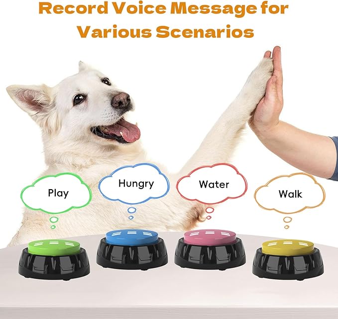 Recordable Pet Button, Dog Buttons for Communication Pet Training Buzzer, 30 Second Record & Playback, AA Battery for Longer Battery Life, (4 Pack Light Color)