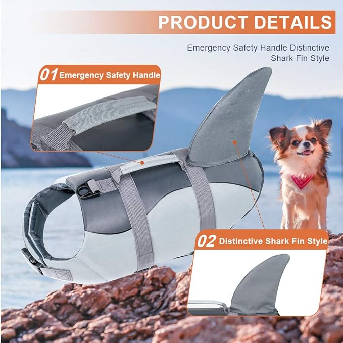 EMUST Dog Life Vests, Dog Floats for Swimming, Boat, Pool, Ripstop Pet Life Jacket with High Buoyancy and Lift Handle for Small and Medium Breeds, (M,Grey)