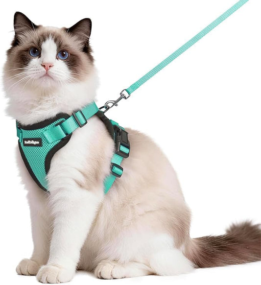 rabbitgoo Cat Harness and Leash Set, Escape Proof Vest Harness for Safe Outdoor Walks, Soft Breathable Adjustable Vest with Reflective Strips for Average to Large Cats, Emerald, M