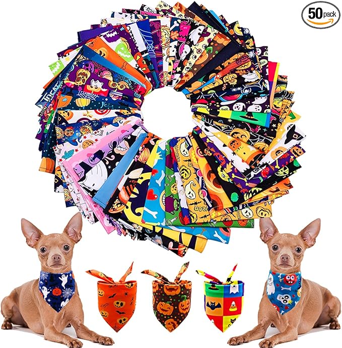 PET SHOW 50 Pack Halloween Small Dog Bandanas Girl Boy Pumpkin Bat Ghost Cat Scarf Adjustable Pet Bibs for Medium Pets Accessories Puppy Outfit Festival Party Supply