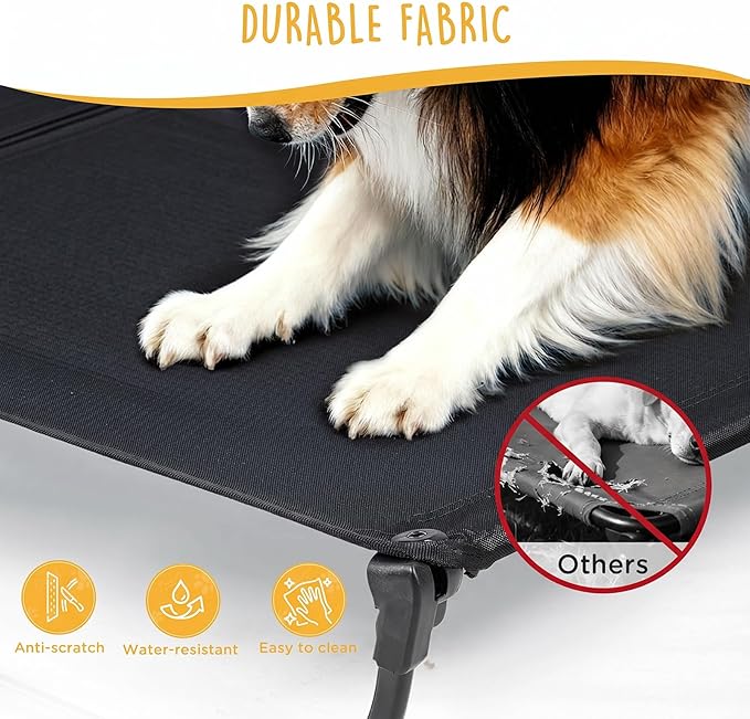 CANINE CANYON Upgraded Non-Slip Daisy Cot, Large Foldable Elevated Dog Bed, Portable Raised Outdoor Folding Dog Cot for Camping/Home, Chew Proof Waterproof Heavy Duty Up to 160 Lbs, Black, 43"x27"