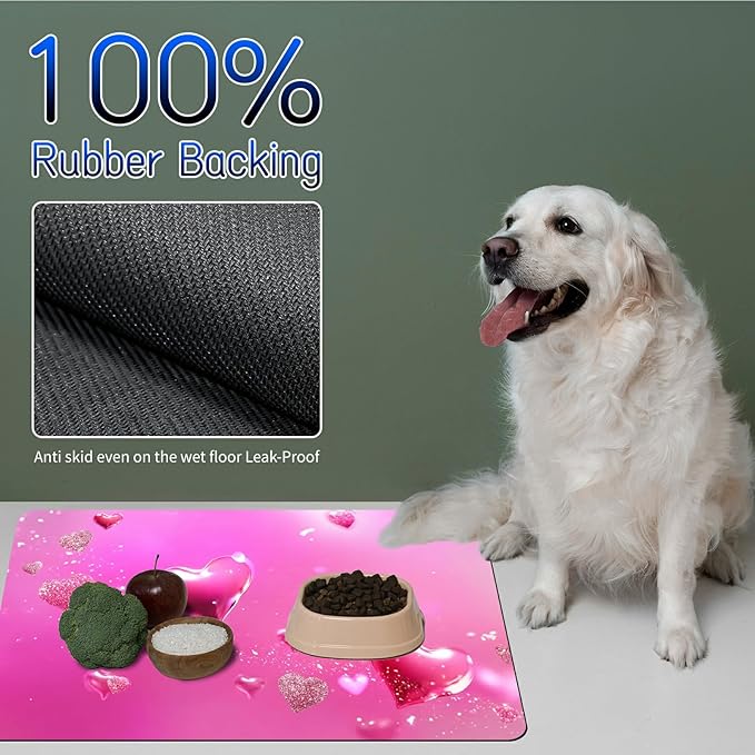 Dog Food Mat, 15.7" x 23.6" Absorbent Pet Feeding Mat for Food and Water, Waterproof Diatom Mud Pet Placemat with Non-Slip Rubber Backing, Easy Clean Cat Bowl Mat for Floors - Pink Love