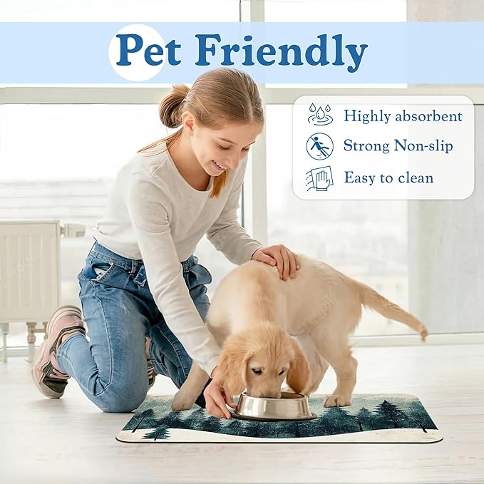 Mysty Winter Fores Pet Feeding Mat–Quick Dry Absorbent Dog Cat Food Mat, Non Slip Waterproof Bowl Placemat for Messy Eaters, Pet Accessories for Floors 12"x20"