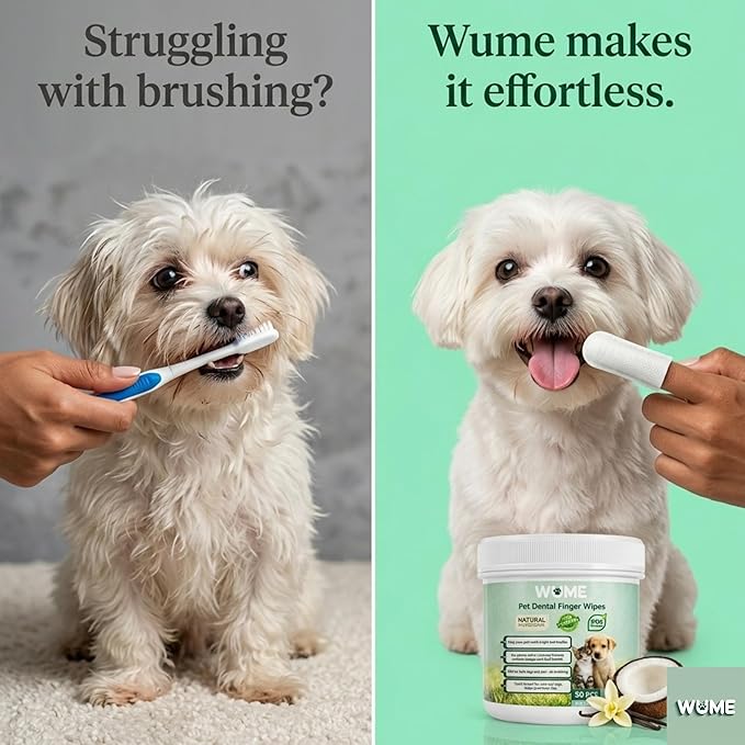 WUME Coconut Vanilla Fresh Pet Dental Finger Wipes for Dogs & Cats, Pet Breath Freshener & Toothbrush Alternative, Natural Coconut & Vanilla, 50 Count