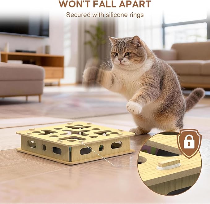 EIODEAR Cat Nail File Scratcher Box with 5 Sandpaper Pads & 4 Bell Balls, Sturdy Wood Cat Nail Scratcher to File Nails, Cat Toy Filer Toy for Treat-Motivated Cats, Included Silicone Security Rings