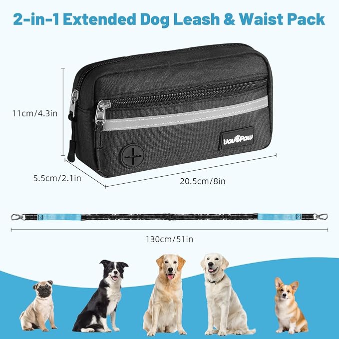 VavoPaw Hands Free Dog Leash with Pouch, Waist Leash for Dog Walking, Jogging, Hiking, Retractable Leashes with Dual Padded Handles, Adjustable Reflective Belt for Small, Medium, Large Dogs