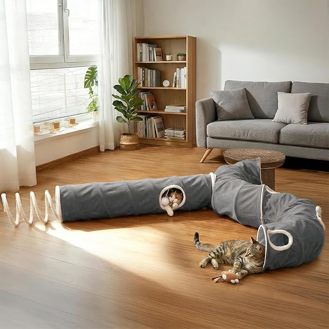 Ownpets 2-in-1 Cat Tunnel, Large Lollipop Shape Cat Tunnel Toy with Fluffy Balls, Spiral Toy, Plush Collapsible Cat Cave Hideout Donut Tunnel for Multi Kitten Puppy Rabbit (Grey)