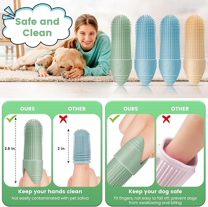 Duckart 4 Pack Dog Toothbrush, 360° Cleaning Finger Brush for Dogs Teeth, Food Grade Silicone Pet Brush Fits Most Fingers, Puppy Toothbrush for Dogs & Cats Dental Care