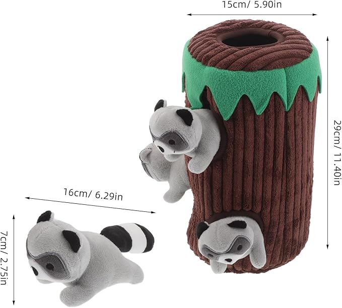 1 Set Raccoon Plush Dog Chew Toy for Small Medium Large Dogs Interactive Burrow Enrichment Toy with Squeakers Puppy Brain Teaser Puzzle for Biting