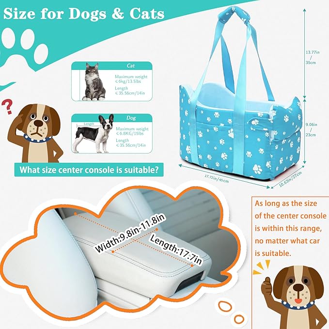 Center Console Dog Car Seat for Small Dogs Under 15lbs,Detachable Washable Booster Pet Car Seat Travel Bed with Storage Pockets and Seat Belt(Blue)