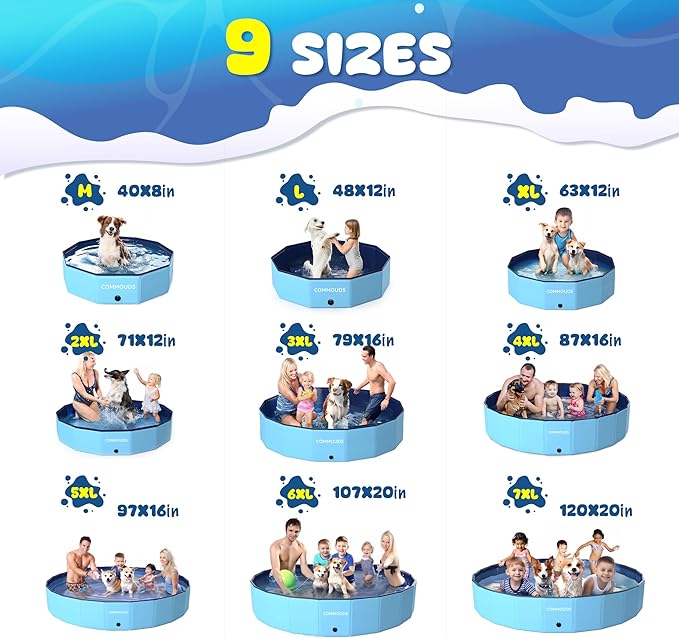 COMMOUDS 97Inch Extra Large Foldable Dog Pool, Collapsible Hard Plastic Dog Kiddie Swimming Pool, Portable Pet Bath Tub Wading Pools for Kids and Puppy Small Medium Large Dogs