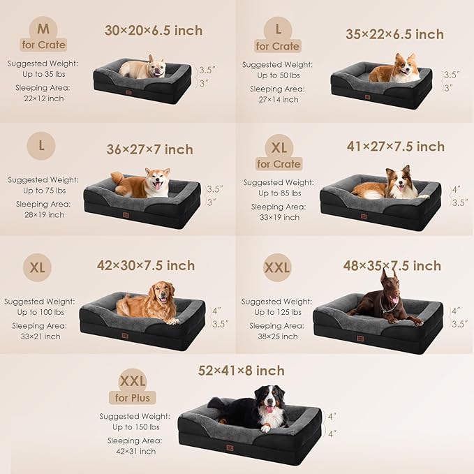 EHEYCIGA Orthopedic Dog Bed for Large Sized Dog, 41x27 Inch Large Memory Foam Dog Couch Bed with Sides, Waterproof Liner & Washable Removable Cover, Bolster Pet Sofa, Grey/Black