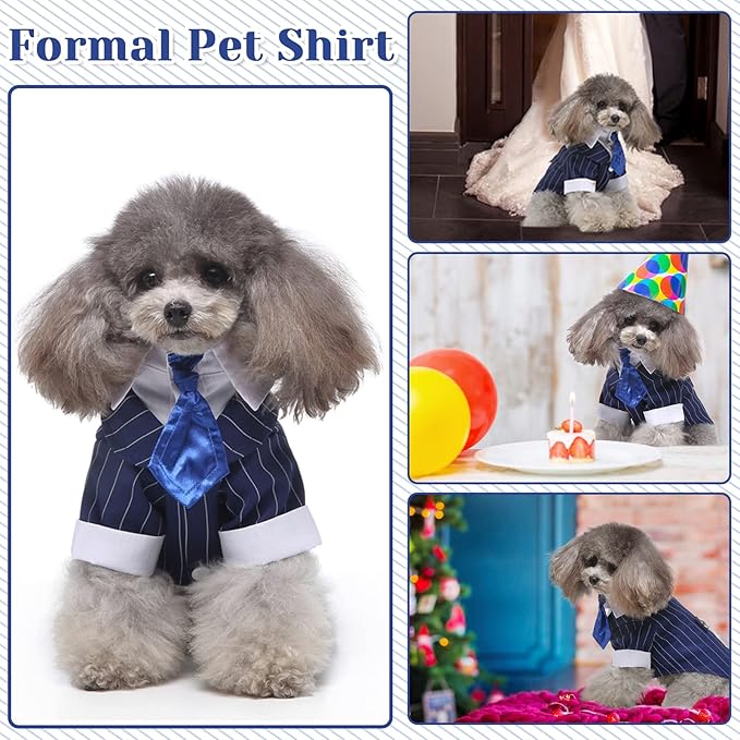 DENTRUN Navy Blue Dog Tuxedo - Formal Pinstripe Pet Suit Shirt with Satin Tie, Elegant Wedding Outfit Birthday Party Attire for Siberian Husky Border Collie Large Dogs (Polyester), XL