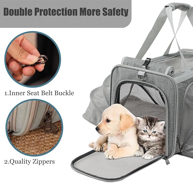 Cats Carrier for Small Dogs Puppy Cat Bag Expandable,Airline Approved,2 Sides Expand,Rabbit Bunny Pets Carriers Small Animals Travel Outdoor Carry Kennel (Grey)