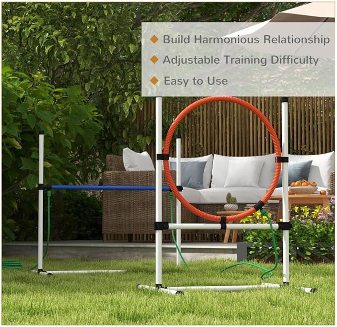 3 Piece Dog Agility Training Equipment Set with Adjustable Height Jumping Ring and Hurdle, Spray Water Tube, Carry Bag, Whistle, Dog Obstacle Course for Outdoor,Park,Backyard,Garden (White, 3 Piece)