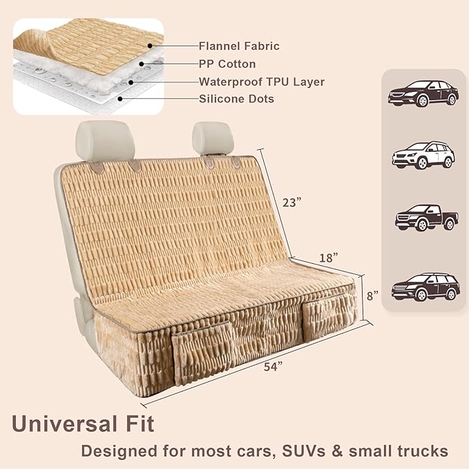 Soft Dog Back Seat Cover, Waterproof Dog Car Seat Protector with Non-Slip Bottom, Fluffy Flannel Full Protection Pet Covers on Rear Benches in Cars SUVs Small Trucks (Tan, Standard Back)