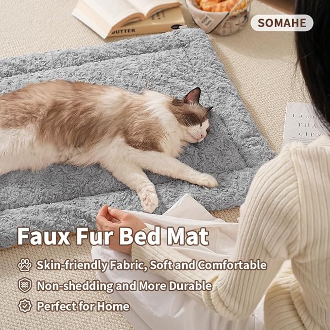 SOMAHE Self Warming Cat Bed Mat, Washable Self Heating Cat Mat, Extra Warm Thermal Pet Pad with Non-Slip Bottom, Soft Plush Faux Fur for Indoor Pet Sleep Cushion, 23x15 Inch Grey