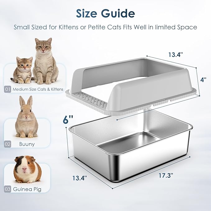 Suzzipaws Small Stainless Steel Litter Box with Lid, 17.3x13.4x10 Inches Kitty Litter Box for Kittens & Small Pets, Enclosed Metal Cat Litter Box for Leak Proof, Easy-Clean Non-Stick, Odor Control