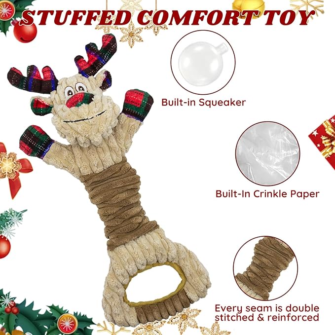 Dog Toys Squeaky Interactive Puppy Teething Chew Toy Deer Shape with Crinkle Sound Paper Tail Stuffed PP Cotton,Keep Them Busy, for Large Medium Small Breeds Indoor Play