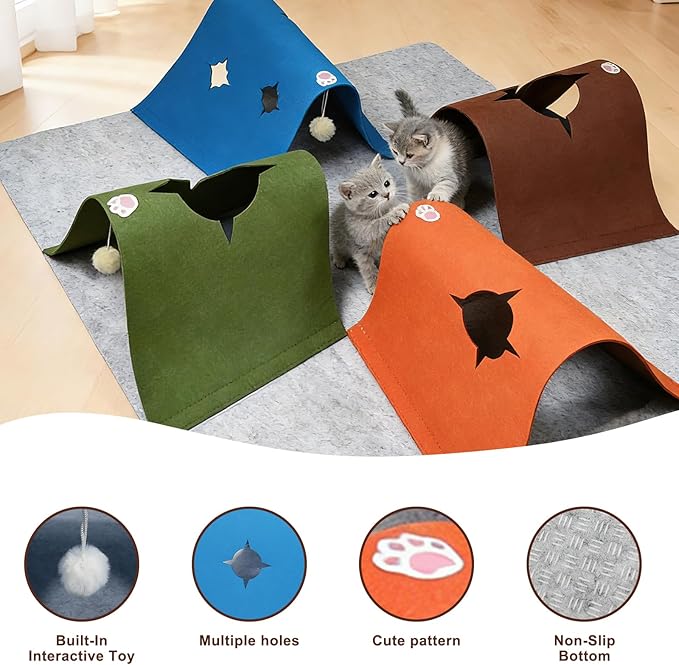 Cat Tunnel Play Mat for Indoor Cats, Felt Interactive Pet Toy with Hidden Ball, Enrichment Activity Rug, Collapsible Cave for Kittens & Small Pets (Colorful)